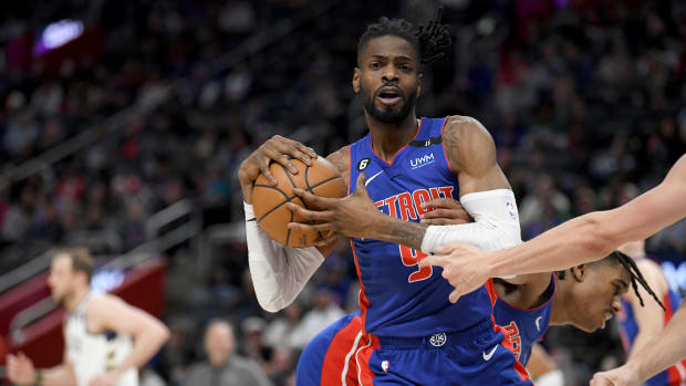 Detroit Pistons guard Nerlens Noel (9) pulls down a rebound against the Milwaukee Bucks in the third quarter at Little Caesars Arena.